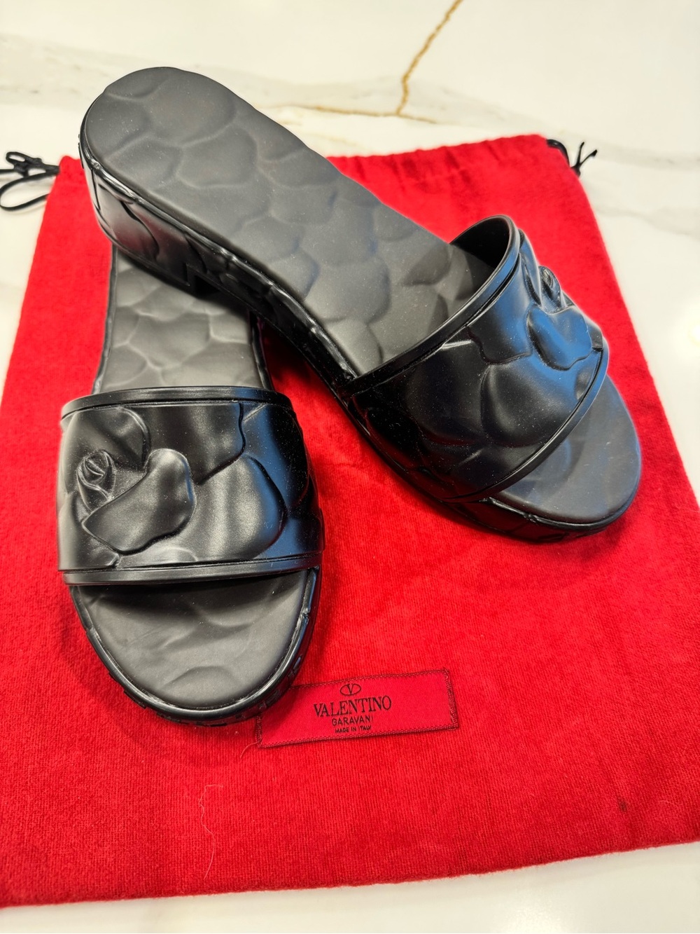 Valentino Black Rubber Quilted Floral Slide Sandals